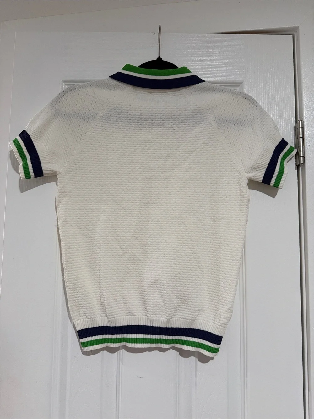 Classic Cream Polo with Green & Blue Stripe Trim - Picture 2 of 2